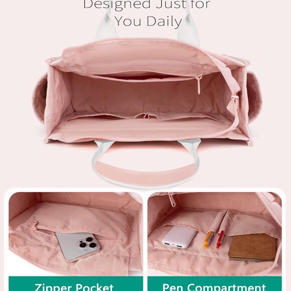 Pink Waterproof Cotton-Poly Tote Bag for Women with Multiple Pockets and Adjusta - Picture 5 of 8